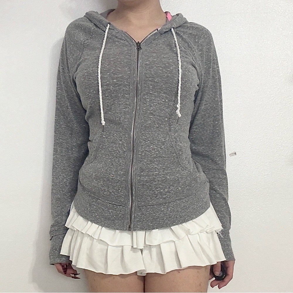 Grey zip up jacket drawstring hoodie sweater top slim fit